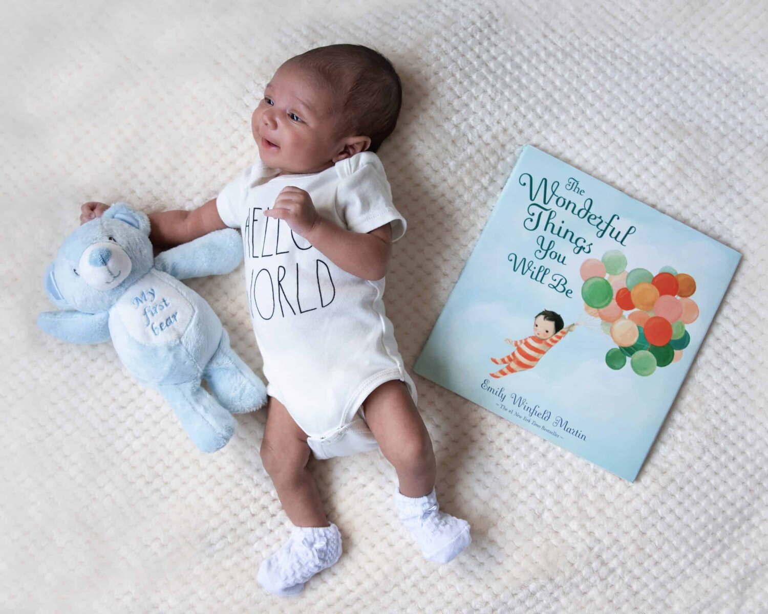 Baby boy with my first bear and the wonderful things you will be book - www.musenphotos.com - in-home newborn session - central New Jersey