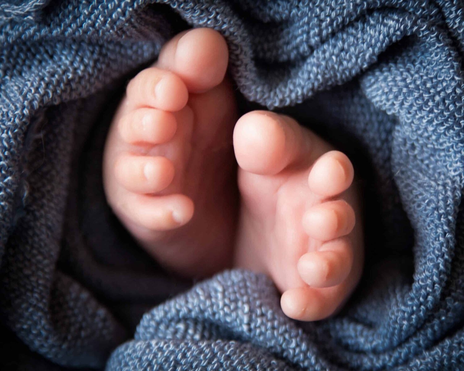 Close up shoot of baby toes wrapped with blue knits - www.musenphotos.com - in-home newborn session - central New Jersey