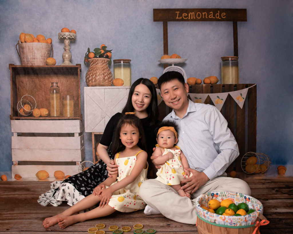 Family of 4 Lemonade Stand Portraits with 100 Days Baby